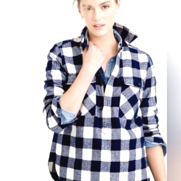 J Crew Blue Buffalo Plaid Wood Blend 3/4 Zip-Up Popover Shirt Jacket XS - Picture 1 of 9